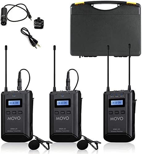 Movo WMX-20-DUO 48-Channel UHF Wireless Lavalier Microphone System with 1 Receiver, 2 Transmitters, and 2 Lapel Microphones Compatible with DSLR Cameras (330 ft Audio Range)