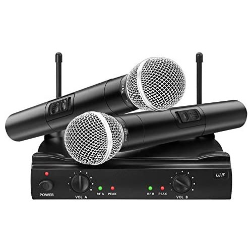 UHF Wireless Microphone System, EIVOTOR Dual Channel Handheld Wireless Microphone with Professional Karaoke Receiver and 2 Handheld Dynamic Mics Set, for Home Party, KTV, Meeting, Wedding, Church