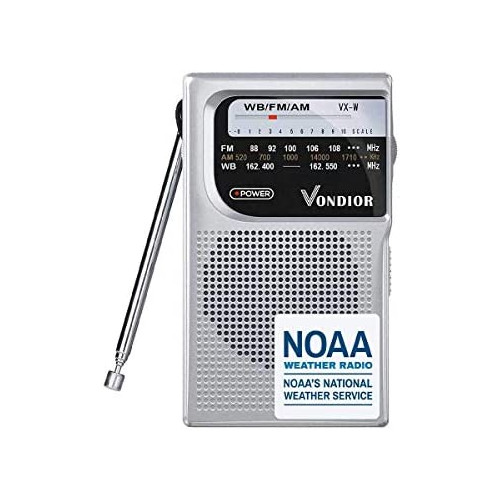 NOAA Weather Radio - Emergency NOAA/AM/FM Battery Operated Portable Radio with Best Reception and Longest Lasting Transistor. Powered by 2 AA Battery with Mono Headphone Socket, by Vondior (Silver)