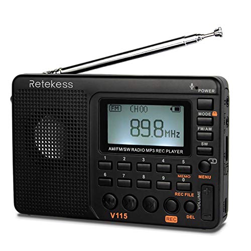 Retekess V115 Digital Radio AM FM, Portable Shortwave Radios, Rechargeable Radio Digital Tuner and Presets, Support Micro SD and AUX Record, Bass Speaker