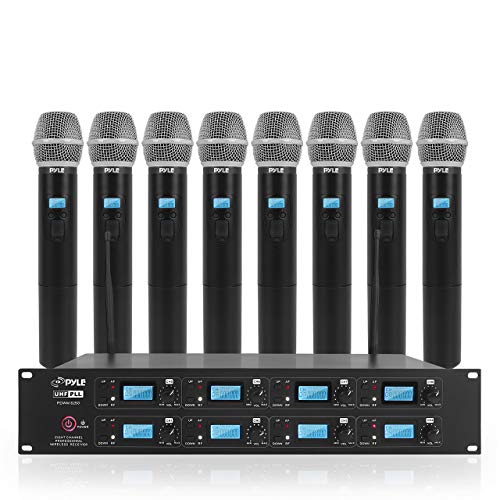 Pyle Professional 8 Channel UHF Wireless Microphone System 8 Handheld Mics Rack Mount Receiver Base RF & AF Radio/Audio Frequency Digital Display Independent Channel Volume Control (PDWM8250)