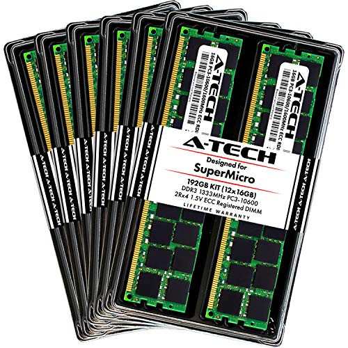 A-Tech 192GB (12 x 16GB) DDR3 1333MHz ECC RDIMM Memory Kit for SuperMicro Super X8DTU-6F+, X8DTU-6TF+, X8DTU-6F+-LR, X8DTU-6TF+-LR - PC3-10600 Registered DIMM 2Rx4 1.5V Dual Rank Server RAM Upgrade