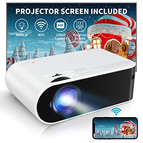 Mini Projector with Projector Screen, BACAR 6000 Lux Portable Projector Support 1080P HD 200 Display Compatible with HDMI USB VGA AV TF iOS & Android PS5 Home Projector Stand Carry Case Included