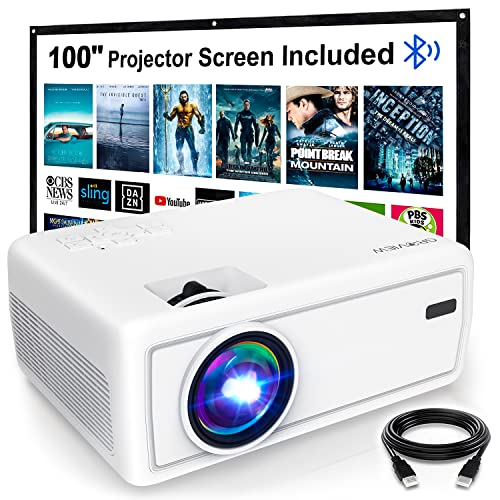 Mini Bluetooth Projector, GROVIEW Outdoor Movie Projector with 100u201D Projector Screen, 1080P HD Supported Portable Projector, Compatible with Fire Stick,HDMI,VGA,USB,TVBox,Laptop,DVD