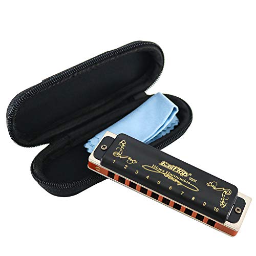 Harmonica Key of C 10 Hole 20 Tone Diatonic Black Harmonica Mouth Organ with Case Top Grade for Professional Player,Beginner,Students,Children,Kids Birthday Gift