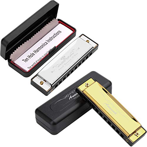 Harmonica for Kids, Anwenk 2Pack Harmonica Key of C 10 Hole 20 Tone Diatonic Harmonica C with Case for Beginner,Students,Kids Toddlers Gift, Silver and Gold