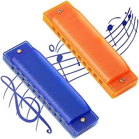 AMOR PRESENT Kids Harmonica, 2PCS Harmonica for Toddlers 10 Holes Translucent Harmonica with Case, Party Birthday Gifts (Orange and Blue)