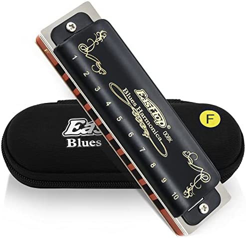 East top Diatonic Harmonica Key of F 10 Holes 20 Tones 008K Blues Harp Mouth Organ Harmonica with Black Cover, Top Grade Harmonica for Adults, Professionals and Students