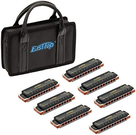 East top Diatonic Blues Harmonica Set of 7, 10 Holes 20 Tones 008K Professional Diatonic Blues Mouth Organ Set, 7 Keys Harmonicas for Adults with Black Case, as Gift(7)