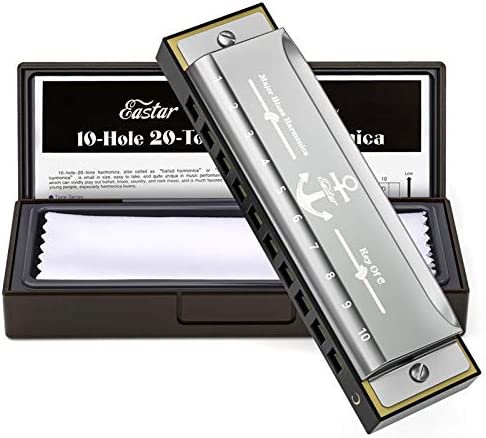 Eastar Major Blues Diatonic Harmonica, 10 Holes C Key Beginner Harmonica for Kids Children Adults Students, with Hard Case and Cloth, Silver