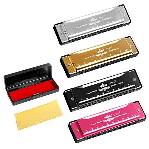 UPINS 4PCS Key of C Blues 10 Hole 20 Tones Titanium Color Harmonica with Case Cleaning Cloth for Beginner Students Kids (Gold, Pink, Silvery, Black)