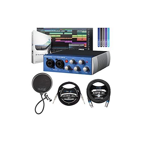 PreSonus AudioBox USB 96 2x2 USB Audio Interface for Windows & Mac Bundle with Studio One Artist Software, Blucoil 10 XLR Cable, 10 Straight Instrument Cable (1/4), Pop Filter, and 5x Cable Ties