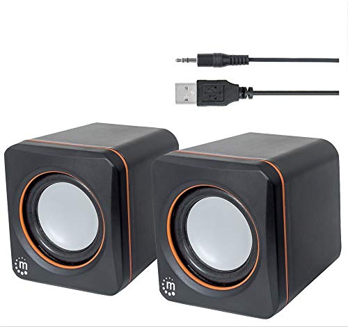 Manhattan USB Powered Stereo Speaker System - Small Size - with Volume Control & 3.5 mm Aux Audio Plug to Connect to Laptop, Notebook, Desktop, Computer - 3 Yr Mfg Warranty - Black Orange, 161435