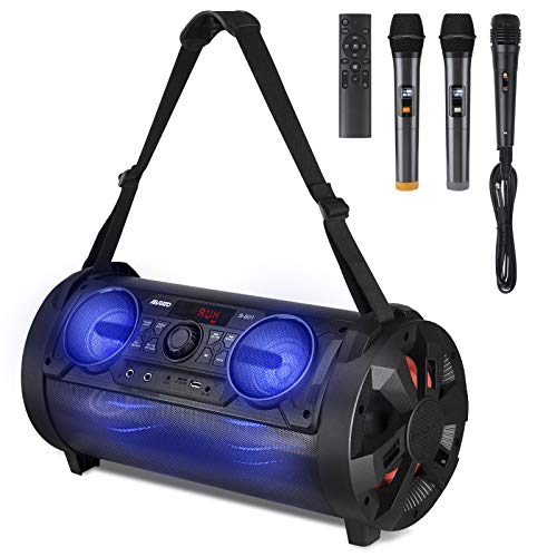 ABRATO Portable Karaoke Machine for Adults with Back Strap, 6 Subwoofer Bluetooth Speaker with LED Lights, Bonus 3 Microphones (2 Wireless & 1 Wired) Ideal Gift for Party Camping