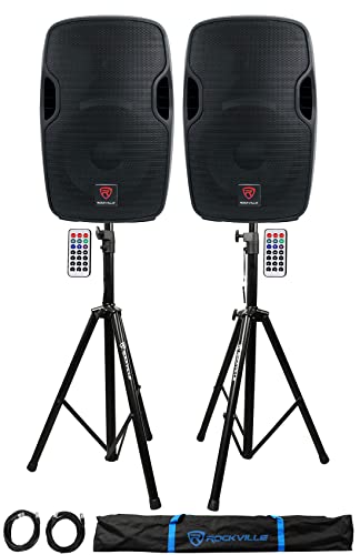 2) Rockville BPA12 12 Powered 600W DJ PA Speakers w Bluetooth+Stands+Cables+Bag