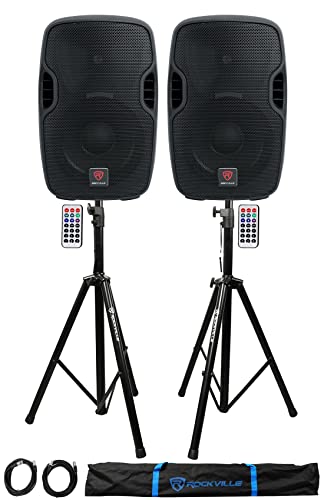 2) Rockville BPA10 10 Powered 400W DJ PA Speakers w/Bluetooth+Stands+Cables+Bag