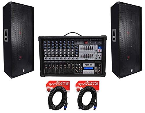 2 Rockville RSG15.24 Dual 15u201D 3000w 3-Way DJ/Pro PA Speakers+Powered Mixer w/USB