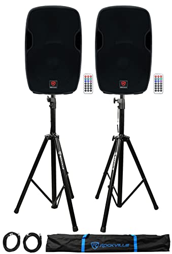 2) Rockville BPA15 15 Powered 800W DJ PA Speakers w Bluetooth+Stands+Cables+Bag