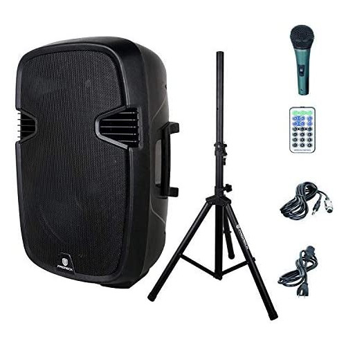 PRORECK PR-C15 Portable 15-inch 600 Watt 2-Way Powered Dj/PA Speaker with Bluetooth/USB/SD Card Reader/FM Radio/Remote Control/LED Light/Speaker Stand, Black