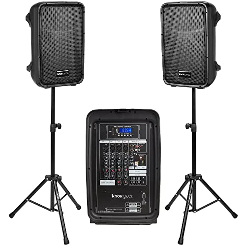 Knox Dual Speaker and Mixer Setu2013Portable 8u201D 300 Watt DJ PA System with Wired Microphone & Tripod Stands, 8 Channel Amplifier, Bluetooth, USB, SD, 1/4u201D Line RCA, XLR Inputs, Ideal for a Party or Event
