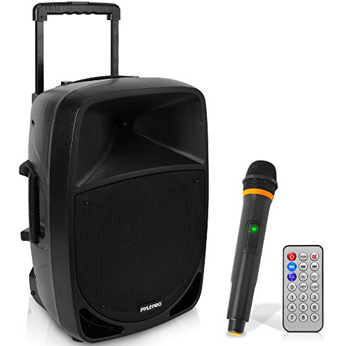 1200W Portable Bluetooth PA Speaker - 12u2019u2019 Subwoofer, LED Battery Indicator Lights W/Built-In Rechargeable Battery, MP3/USB/SD Card Reader, and UHF Wireless Microphone - Pyle PSBT125A
