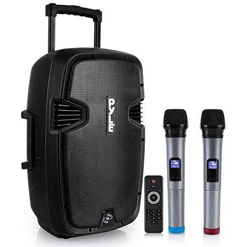 Pyle PPHP1299WU.5 Karaoke Portable PA Speaker System - 1000W Active Powered Wireless Bluetooth Compatible Outdoor Speaker W/Rechargeable Battery, Wheels, USB MP3 RCA, 2 UHF Microphone, Remote, Black