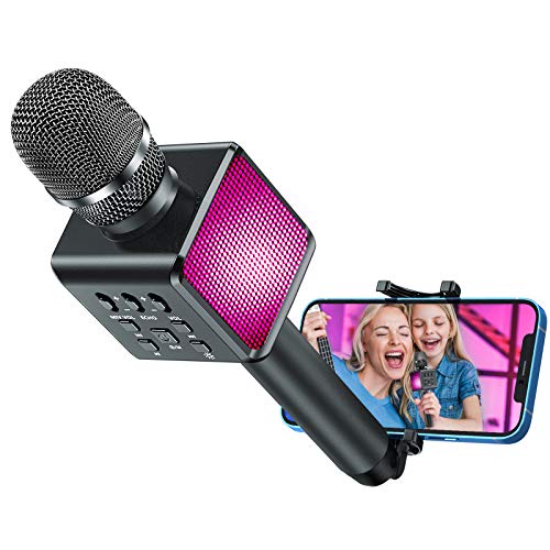 LELONG Karaoke Microphone with Controllable LED Lights, 4 in 1 Wireless Bluetooth Hi-Fi Karaoke Microphone for Kids Adults with Phone Holder, Handheld Karaoke Mic for Android/iPhone/PC - Grey