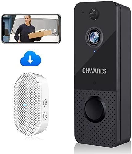 Wireless Video Doorbell Camera 1080p HD with Chime, Motion Detector, Night Vision, 2-Way Audio, Battery Powered, Free Cloud Storage, No Monthly Fee by CHWARES
