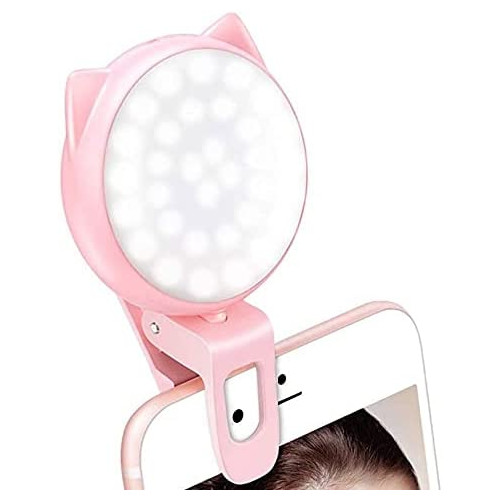 OURRY Selfie Clip on Ring Light, Mini Rechargeable 9 Level Adjustable Brightness Light with 32 LED, 2 - 8 Hours, USB Flash Lighting for iPhone/Android Cell Phone Photography,Video, Vlogging - Pink