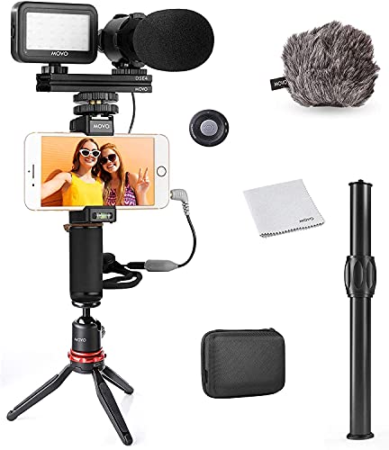 Movo Smartphone Video Rig Kit V7+ with Tripod, Grip Rig, Pro Stereo Microphone, LED Light and Remote - YouTube Equipment for iPhone 5, 5C, 5S, 6, 6S, 7, 8, X, XS, XS Max, 11, 11 Pro, Samsung Galaxy