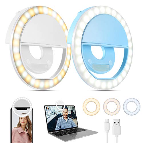 Selfie Ring Light (2 Packs), 3 Light Modes Rechargeable Clip-on Phone Ring Light with 36 LED for iphone/Laptop/Computer, Mini Selfie Light for Photography & Videos, Girl Makes up (White and Blue)