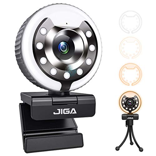 2021 JIGA HD 1080P Webcam with Microphone,Ring Light,Plug and Play,Adjustable Brightness,Advanced Auto-Focus,Privacy Protection,USB Streaming Webcam for PC Desktop Laptop MAC,Zoom Skype