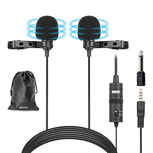 BOYA BY-M1DM Dual Lavalier Microphones, Omnidirectional Condenser Clip-on Lapel Mic for Camera DSLR iPhone Android Smartphone Samsung Huawei Sony Laptop Interview YouTube