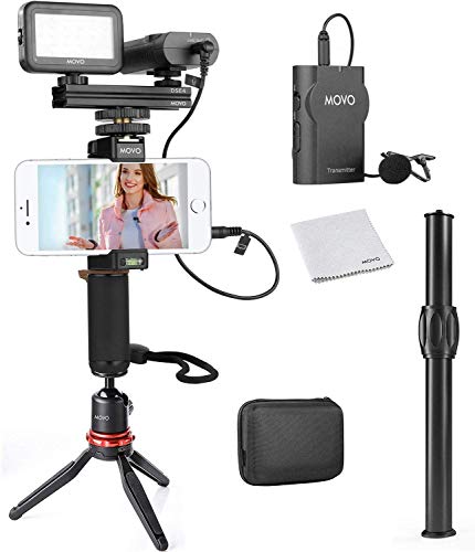 Movo Wireless Smartphone Video Kit V2+ with Tripod, Grip, Wireless Lavalier Microphone, LED Light and Remote - YouTube Equipment for iPhone 6, 6S, 7, 8, X, XS, XS Max, XR, 11, 11 Pro, Samsung Galaxy