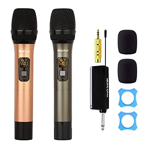 Wireless Microphone, UHF Dual Metal Handheld Dynamic Mic System with Rechargeable Receiver, 164ft Range, for Karaoke,Party, Speech, Wedding, Meeting, PA System(Gold and Gray)