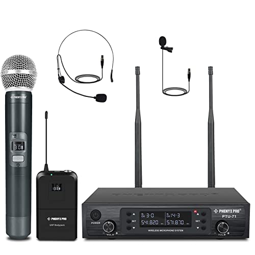 Wireless Microphone System, Phenyx Pro Dual Channel Cordless Mic Set with Handheld/Bodypack/Headset/Lapel, 2x100 Channels, Auto Scan, Lock Function, 328ft Coverage, Ideal for Events, Church (PTU-71B)