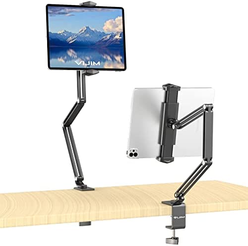VIJIM iPad Tablet Holder for Bed or Desk, Black Metal Adjustable iPad Arm Mount Stand, Overhead Compatible for iPad Air Pro Mini, Surface Pro Stand, iPhone, Android Tablet