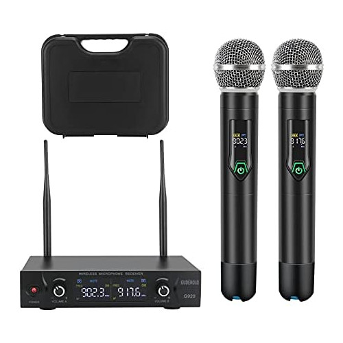 GUDEHOLO Wireless Microphone System with case, Metal UHF Dual Handheld 20 Channels Professional Cordless Mic System for Church, DJ, Karaoke,Wedding, Home KTV Set