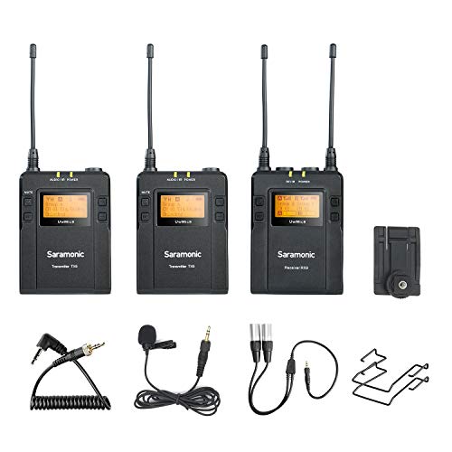 96-Channel UHF Wireless Lavalier Microphone System, Saramonic UwMic9 Omnidirectional Lapel Mic Two Transmitter &One Receiver Compatible with Nikon Canon Sony DSLR Cameras, for Video,Interview,ENG,TV