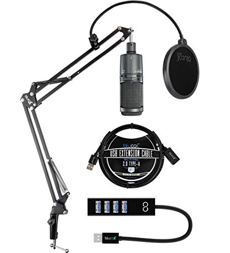 Audio Technica AT2020USB+ Cardioid Condenser USB Microphone with Built-in Headphone Jack & Volume Control Bundle with Blucoil Boom Arm Plus Pop Filter, 3 USB Extension Cable, and USB-A Mini Hub