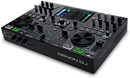 Denon DJ PRIME GO u2013 Portable DJ Set / Smart DJ Console with 2 Decks, WIFI Streaming, 7-Inch HD Touchscreen and Rechargeable Battery