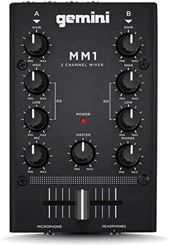 Gemini Sound MM1 Professional Audio 2-Channel Dual Mic Input Stereo 2-Band Rotary Compact DJ Podcast Mixer with Cross-Fader and Individual Gain Control