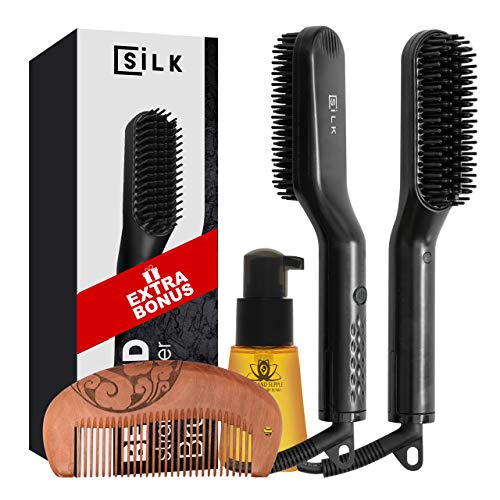 Beard Straightener for men - Upgraded professional ionic heated beard straightening brush with wooden comb and oil - Fast heating Anti-scald feature travel Heated beard hair Straightener comb kit.