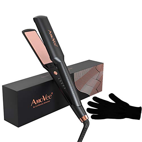AmoVee Wide Flat Iron, 1.5 Inch Wide Hair Straighter Ceramic Ionic, with 5 Adjustable Temp Ultra Wide Floating Plate for All Hair Types, Instant Heating, Auto-Off, Inc. Glove, Rose Gold