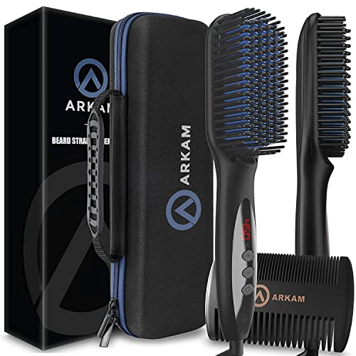 Arkam Premium Beard Straightener for Men - Ionic Beard Straightening Comb, Anti-Scald Feature - Hair Straightener for Men, Portable Beard Brush Straightener, Travel Case & Beard Comb Included