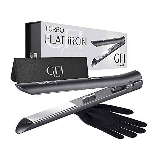 GFI Hair Straightener - Turbo Heating Element - Titanium Flat Iron - Straightens & Curls Any Hair Type - Temperature Control - Pouch & Glove Included