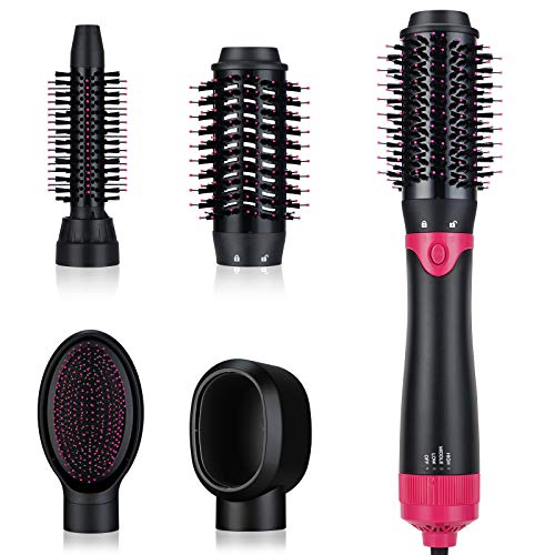 Hair Dryer Brush, Hot Air Brush Kit 4 in 1 Upgraded Interchangeable Brush Head, Hair Dryer & Volumizer with Negative Ion Reduce Frizz for Curling Drying and Straightening (Gray)