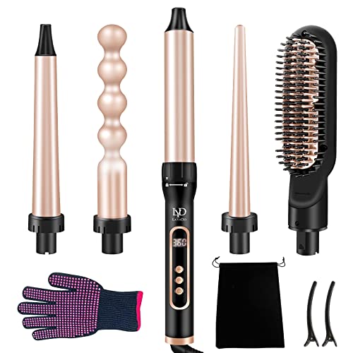 LAYADO 5 in 1 Curling Iron, Curling Wand Set with Hair Straightener Brush, Instant Heat Up Curling Wand with LCD & Temperature Adjustment Include Glove and 2 Hair Clips