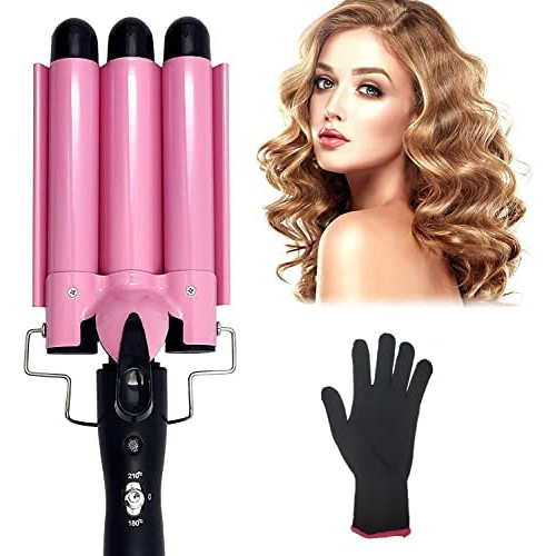 Newlemo 3 Barrel Curling Iron, Crimper Hair Iron -1Inch, Temperature Adjustable Portable Curling Wand, 25mm Hair Crimper Quickly Ceramic Tourmaline for Women/Girl with Heat Resistant Glove(Champagne)