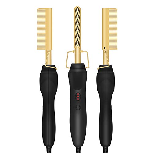 Gold Plated Heated Styling Comb Electric Hot Straightening Heat Comb Ceramic Curling Flat Iron Curler Designed Hair Straightener for Natural Black Hair,Wigs